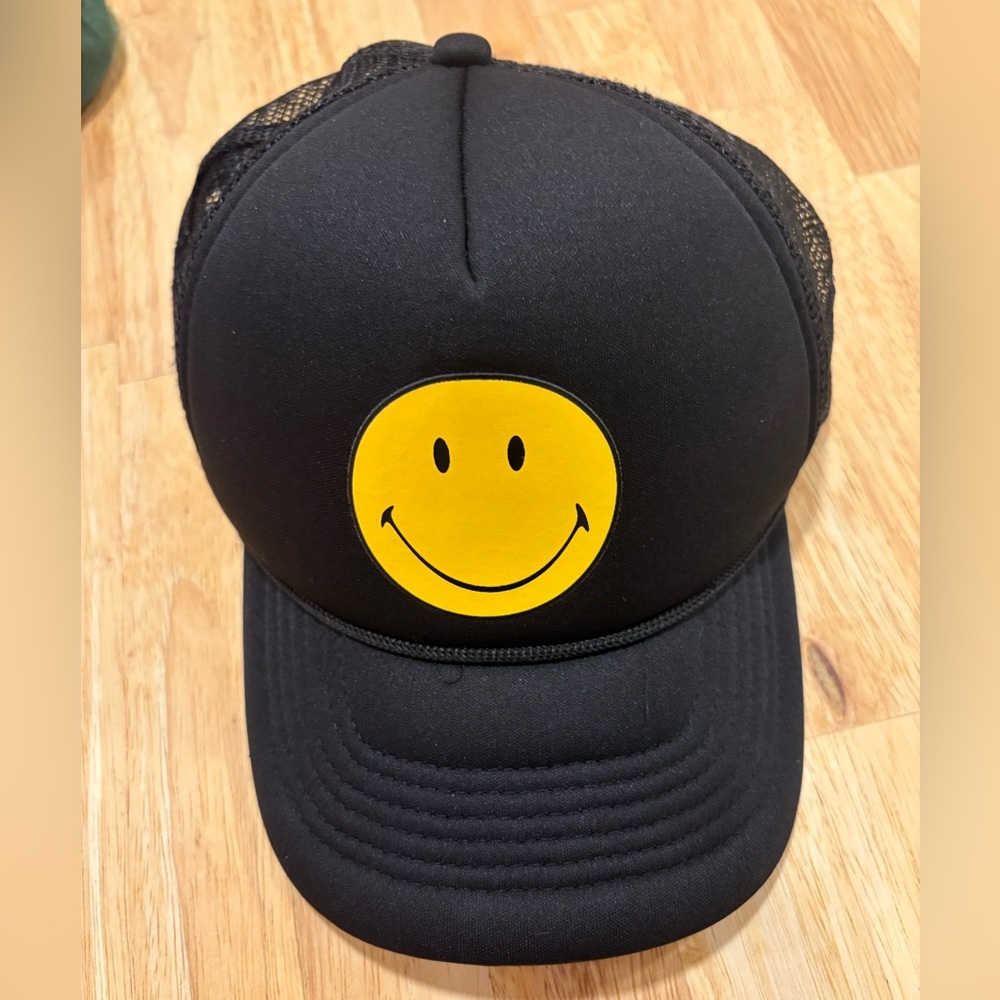 Urban Outfitters Black and Yellow Smiley Trucker Hat